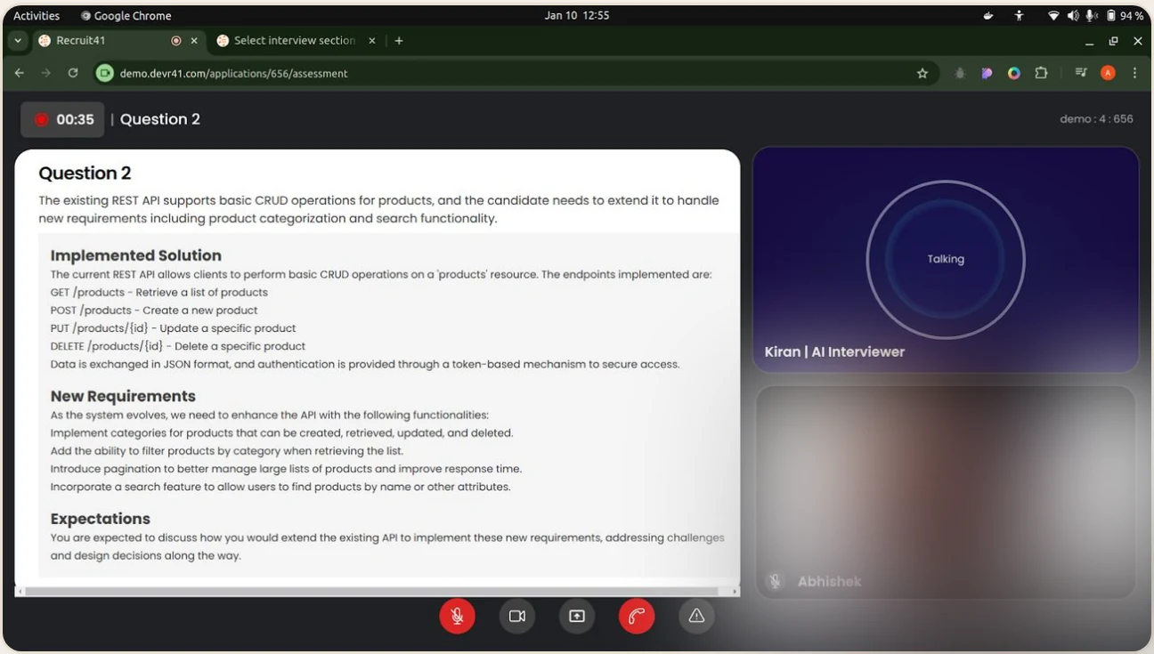 A Recruit41 AI interview in progress — a live debugging question on screen, the candidate's camera on with their face blurred.
